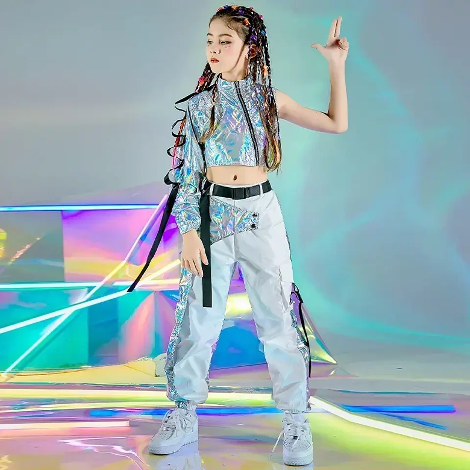 PU Hip-Hop Dance Clothes Reflective Rave Outfit Girl Sets Jazz Dancewear Festival Crop Tops Cargo Pants Catwalk Show Costume 3