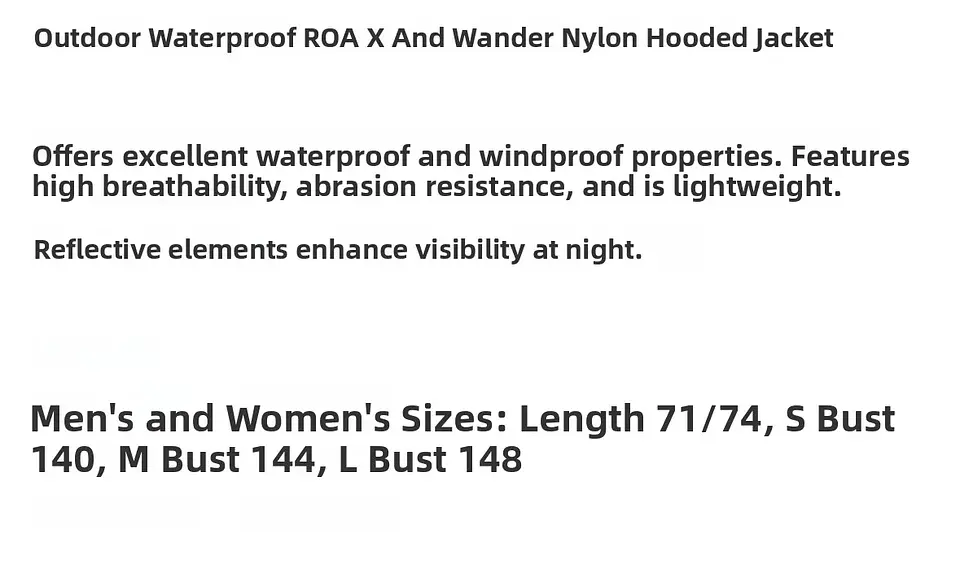 ROA HIKING Collaborative Windproof Waterproof Nylon Jacket Hooded Outerwear Long Sleeve Zipper Closure Pure Color Unisex Jacket 5