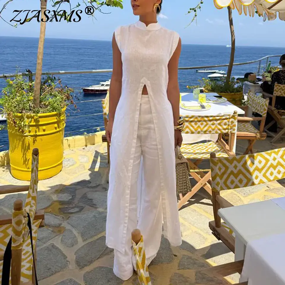 Robes for Woman 2 Pieces Sets Elegant O Neck Split Long Top Pullover And Pant Suits 2026 Spring Summer Solid Slim Casual Outfits 1
