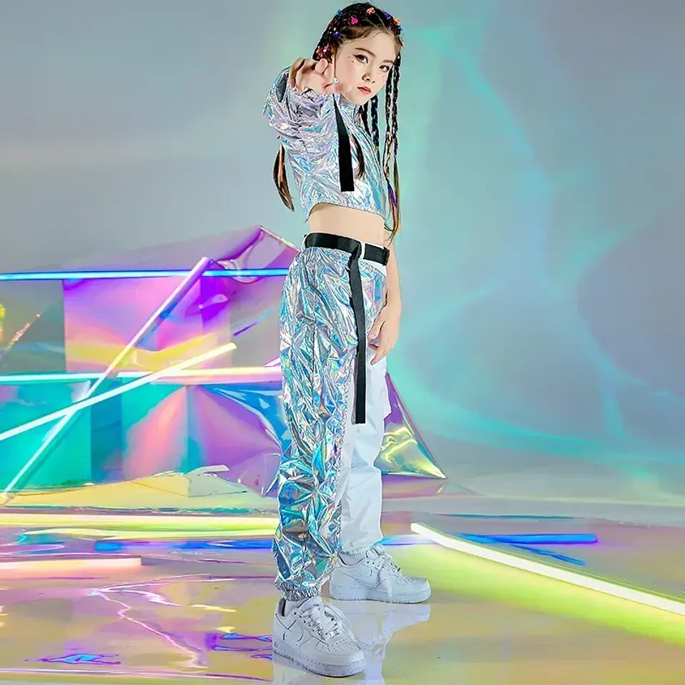 PU Hip-Hop Dance Clothes Reflective Rave Outfit Girl Sets Jazz Dancewear Festival Crop Tops Cargo Pants Catwalk Show Costume 5