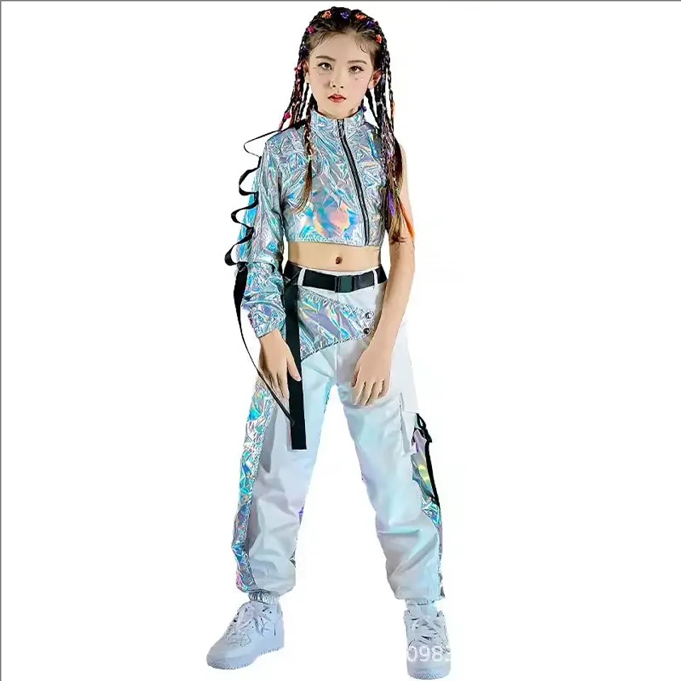 PU Hip-Hop Dance Clothes Reflective Rave Outfit Girl Sets Jazz Dancewear Festival Crop Tops Cargo Pants Catwalk Show Costume 6