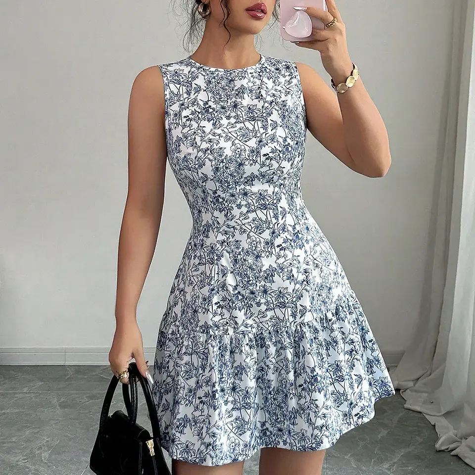 Ropas De Mujeres Print Dresses Vestidos Elegantes Women Vest Dress Sleeveless Summer Beach Bohemian Round Neck Retro Short Dress 18