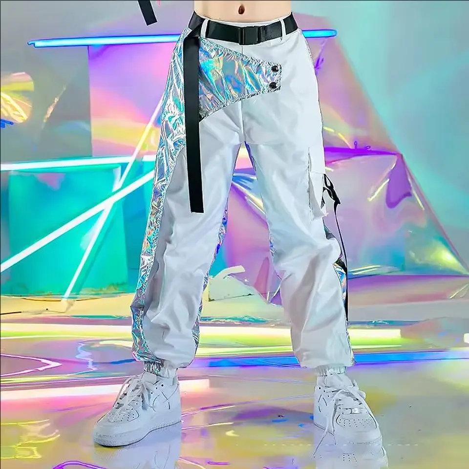 PU Hip-Hop Dance Clothes Reflective Rave Outfit Girl Sets Jazz Dancewear Festival Crop Tops Cargo Pants Catwalk Show Costume 8