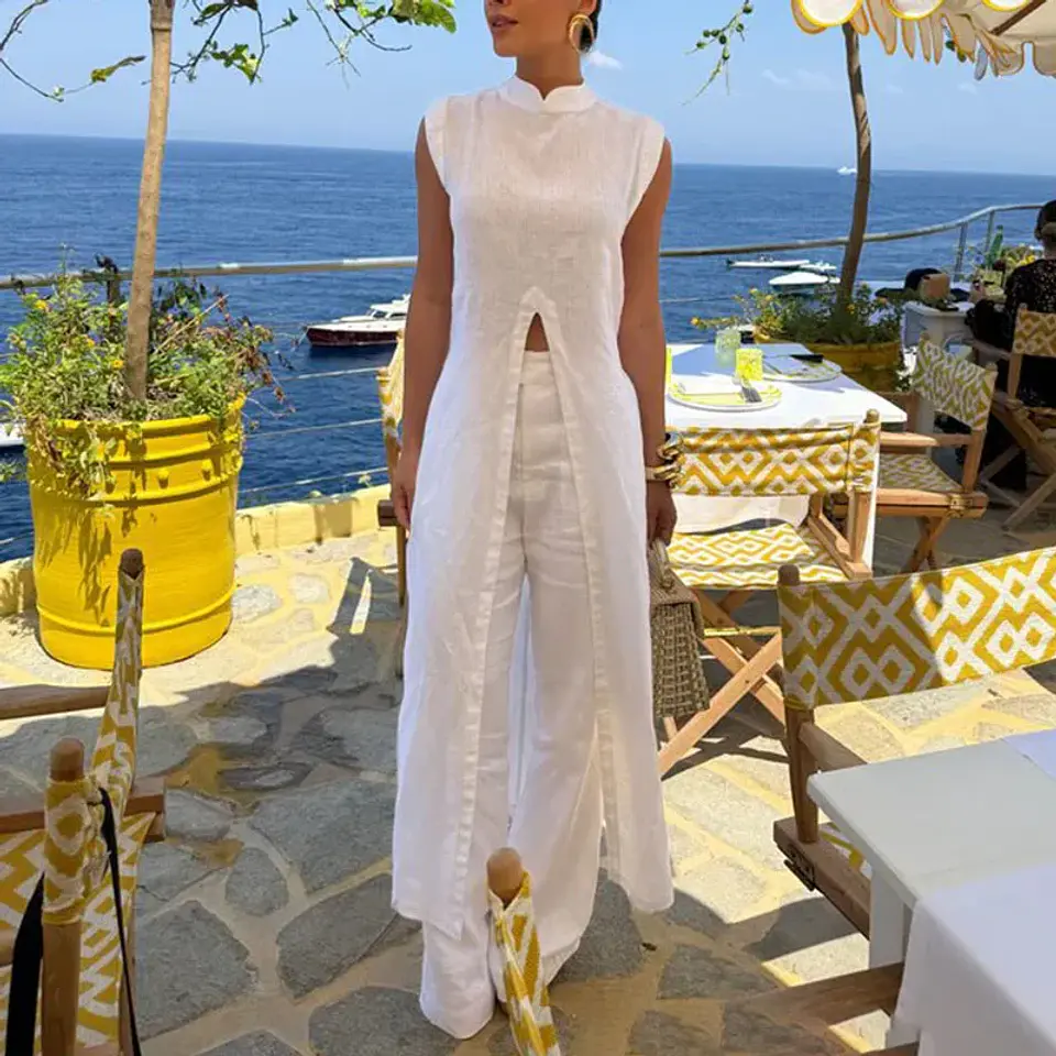 Robes for Woman 2 Pieces Sets Elegant O Neck Split Long Top Pullover And Pant Suits 2026 Spring Summer Solid Slim Casual Outfits 6