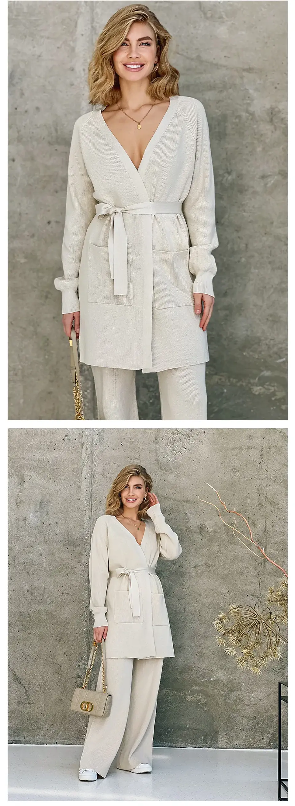 Casual Loungewear Women Set Knit Bathrobes Cardigans Pants Matching Sets 2 Piece Women Knitted Suit Knitted Two Piece Women Sets 15