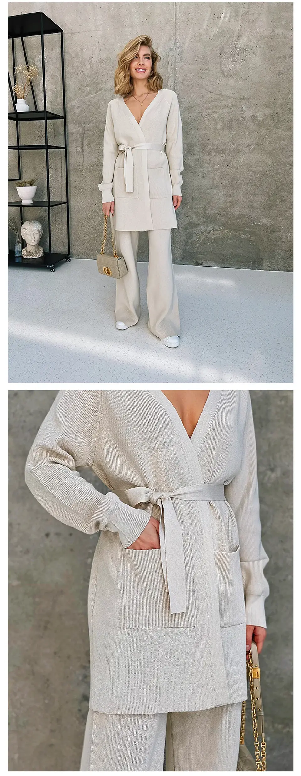 Casual Loungewear Women Set Knit Bathrobes Cardigans Pants Matching Sets 2 Piece Women Knitted Suit Knitted Two Piece Women Sets 16