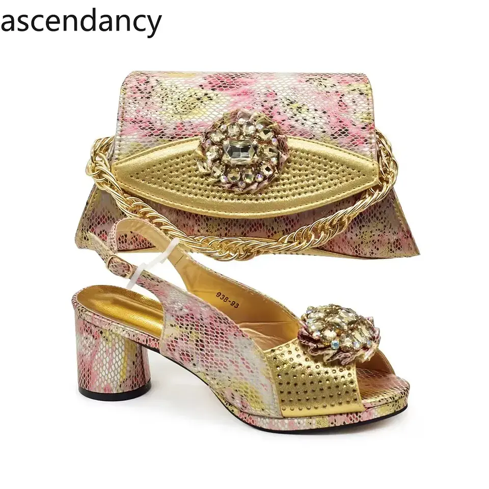 Italian Shoes and Bags Matching Set Decorated with Rhinestone Nigerian Heel Party for Women African Wedding Shoes with Bag 1