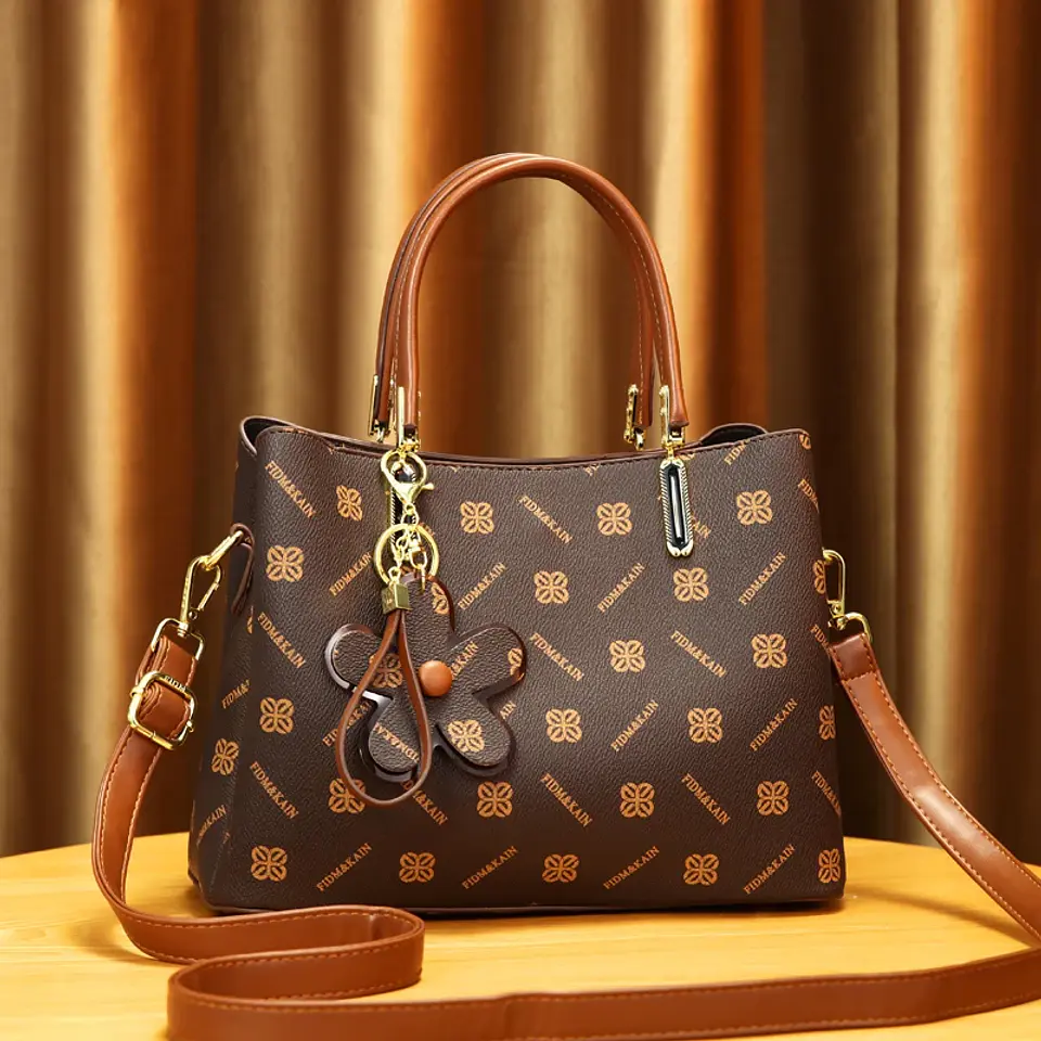 Fashion vintage exquisite printed women's handbag, texture single shoulder crossbody bag, small flower pendant decoration 12