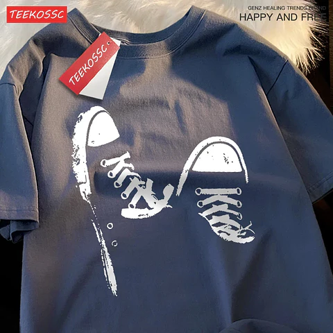 Canvas Shoe Vintage Style T-Shirt Men Women O-Neck Clothes Loose T-Shirts Cotton Tops Street Short Sleeve Soft Breathable Tees