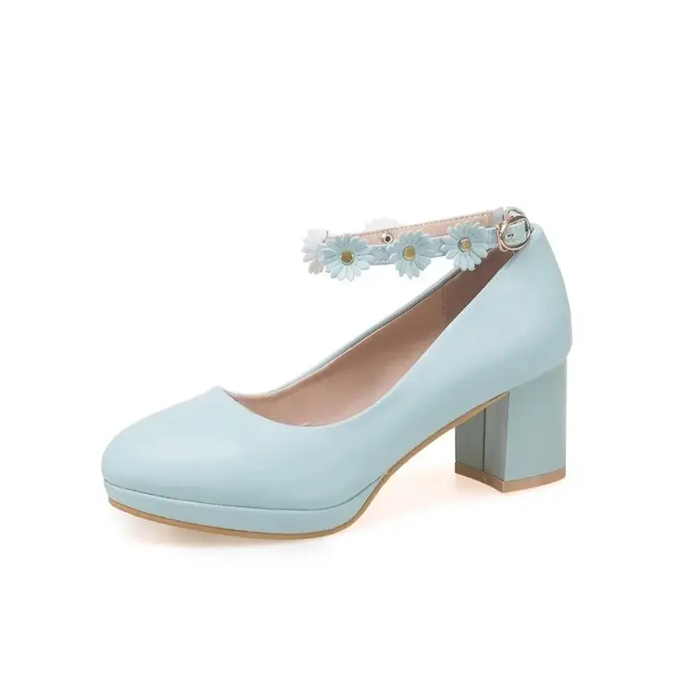Pumps Spring and autumn fashion Round head Shallow mouth Flower Buckle Thick heel Women's shoes plus size 30-43 high 6cm 4