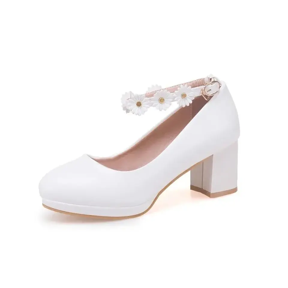 Pumps Spring and autumn fashion Round head Shallow mouth Flower Buckle Thick heel Women's shoes plus size 30-43 high 6cm 5