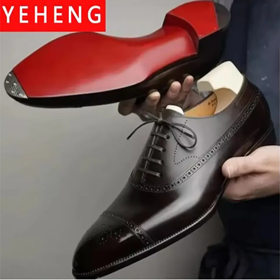 Men's Formal  Shoes Red Sole Fashion Business Casual Party Banquet Daily Retro Carved Lace-up Brogue Dress Wedding Shoes Size 48 1