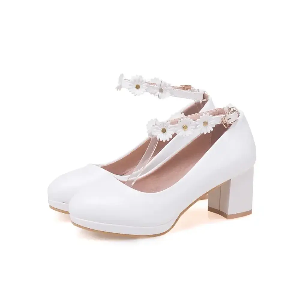 Pumps Spring and autumn fashion Round head Shallow mouth Flower Buckle Thick heel Women's shoes plus size 30-43 high 6cm 8