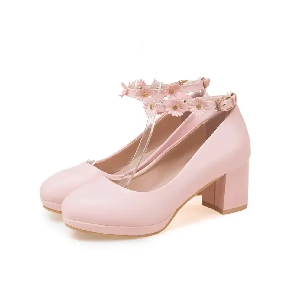 Pumps Spring and autumn fashion Round head Shallow mouth Flower Buckle Thick heel Women's shoes plus size 30-43 high 6cm 9