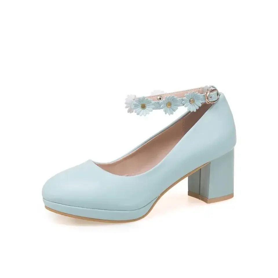 Pumps Spring and autumn fashion Round head Shallow mouth Flower Buckle Thick heel Women's shoes plus size 30-43 high 6cm 13