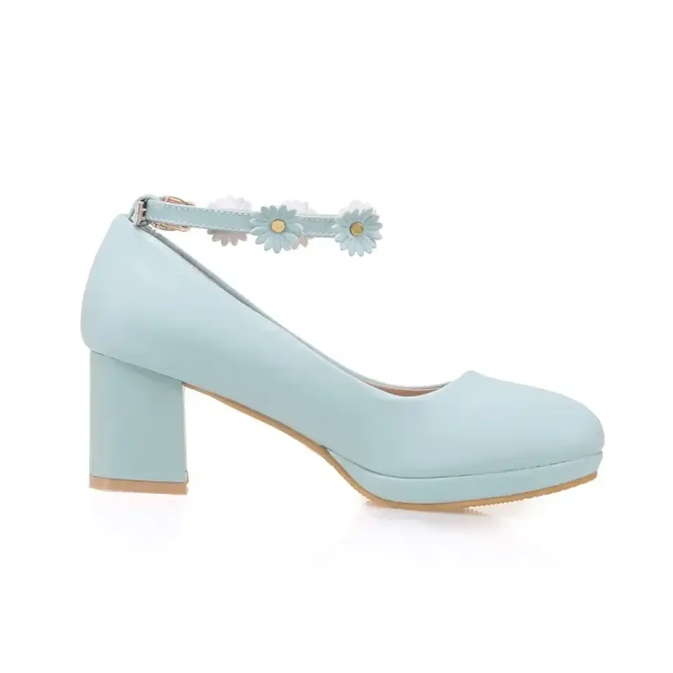 Pumps Spring and autumn fashion Round head Shallow mouth Flower Buckle Thick heel Women's shoes plus size 30-43 high 6cm 14
