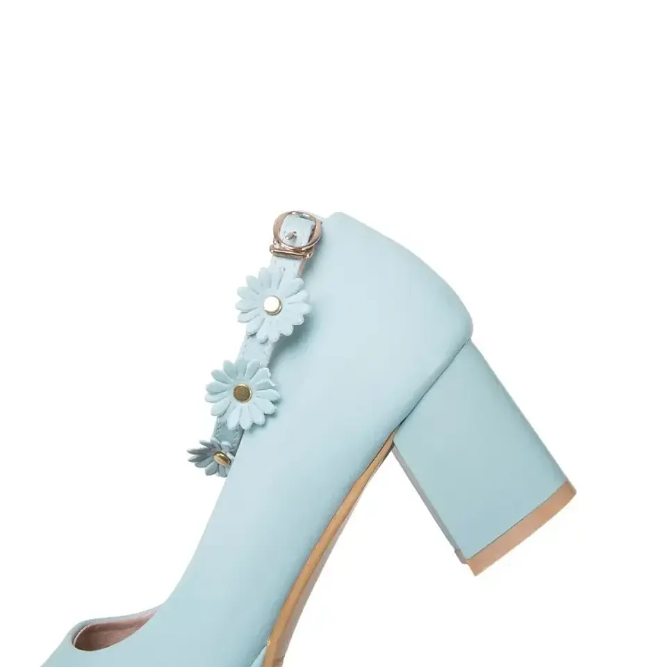 Pumps Spring and autumn fashion Round head Shallow mouth Flower Buckle Thick heel Women's shoes plus size 30-43 high 6cm 16