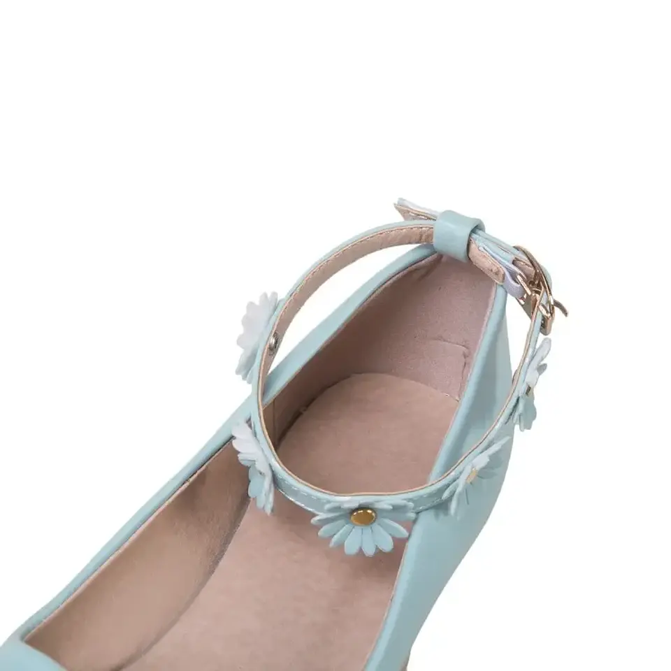 Pumps Spring and autumn fashion Round head Shallow mouth Flower Buckle Thick heel Women's shoes plus size 30-43 high 6cm 17