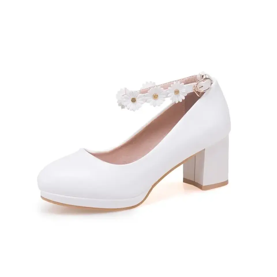 Pumps Spring and autumn fashion Round head Shallow mouth Flower Buckle Thick heel Women's shoes plus size 30-43 high 6cm 20