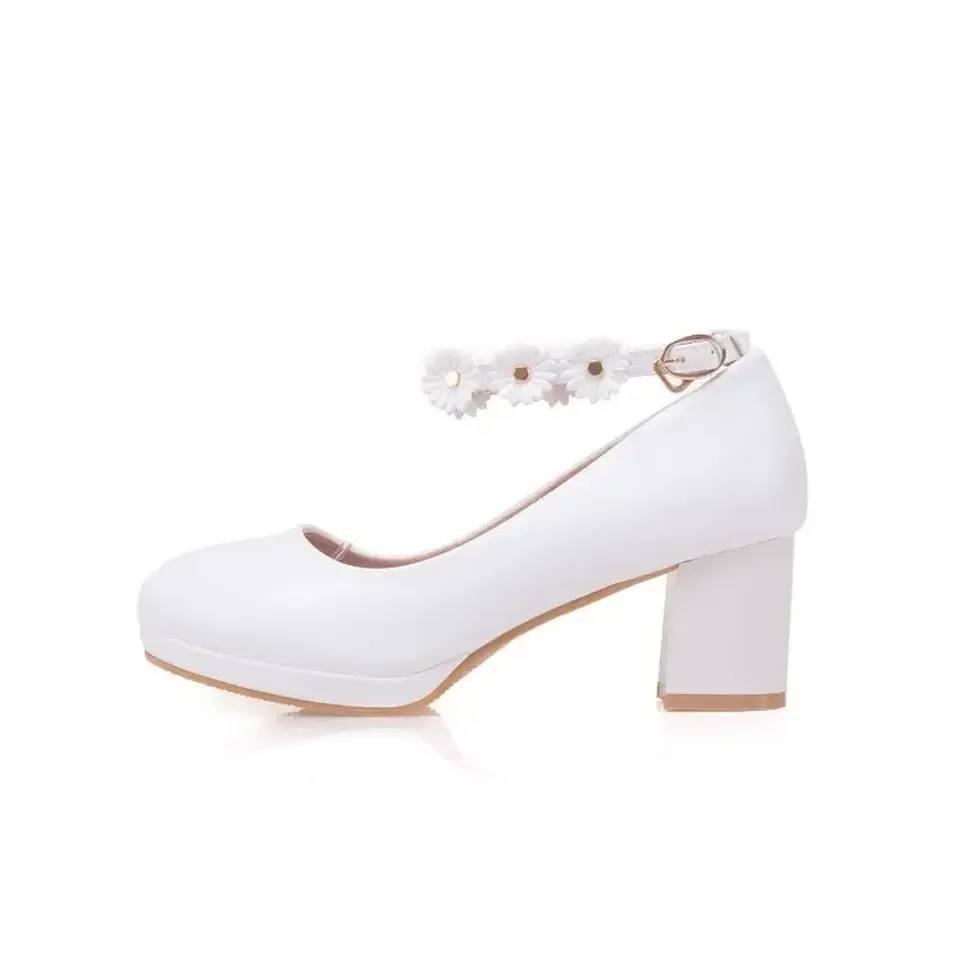 Pumps Spring and autumn fashion Round head Shallow mouth Flower Buckle Thick heel Women's shoes plus size 30-43 high 6cm 22