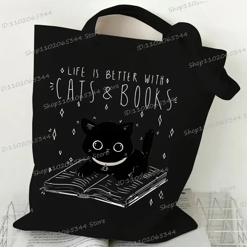 Life Is Better with Cats & Books Canvas Tote Bag Women Cute Cat Shopping Bags Student Literary Book Shoulder Bag Cartoon Handbag 4