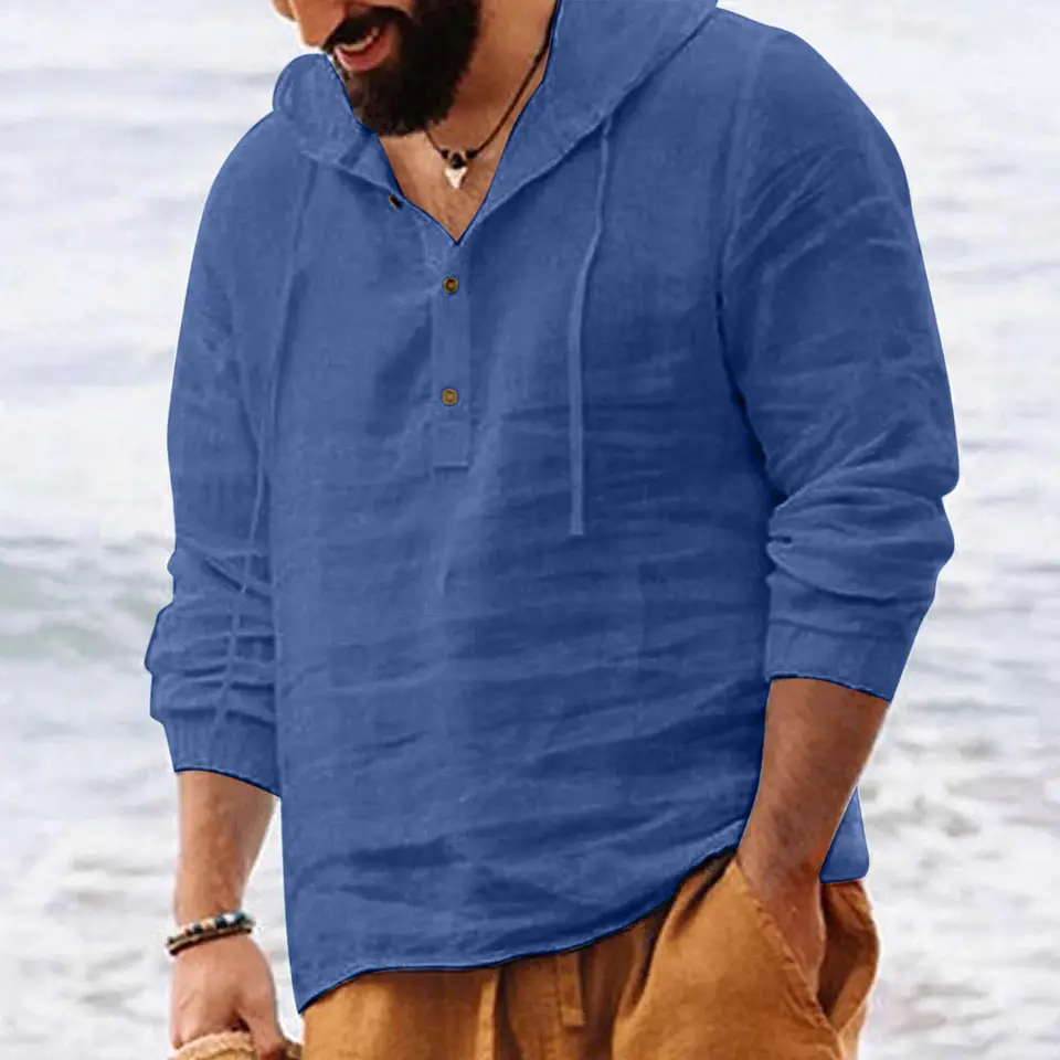 рубашка 2026 Men Shirts Hooded Solid Color Long Sleeve Tops Casual Buttons Cotton Linen Vintage Summer Beach Shirts 10