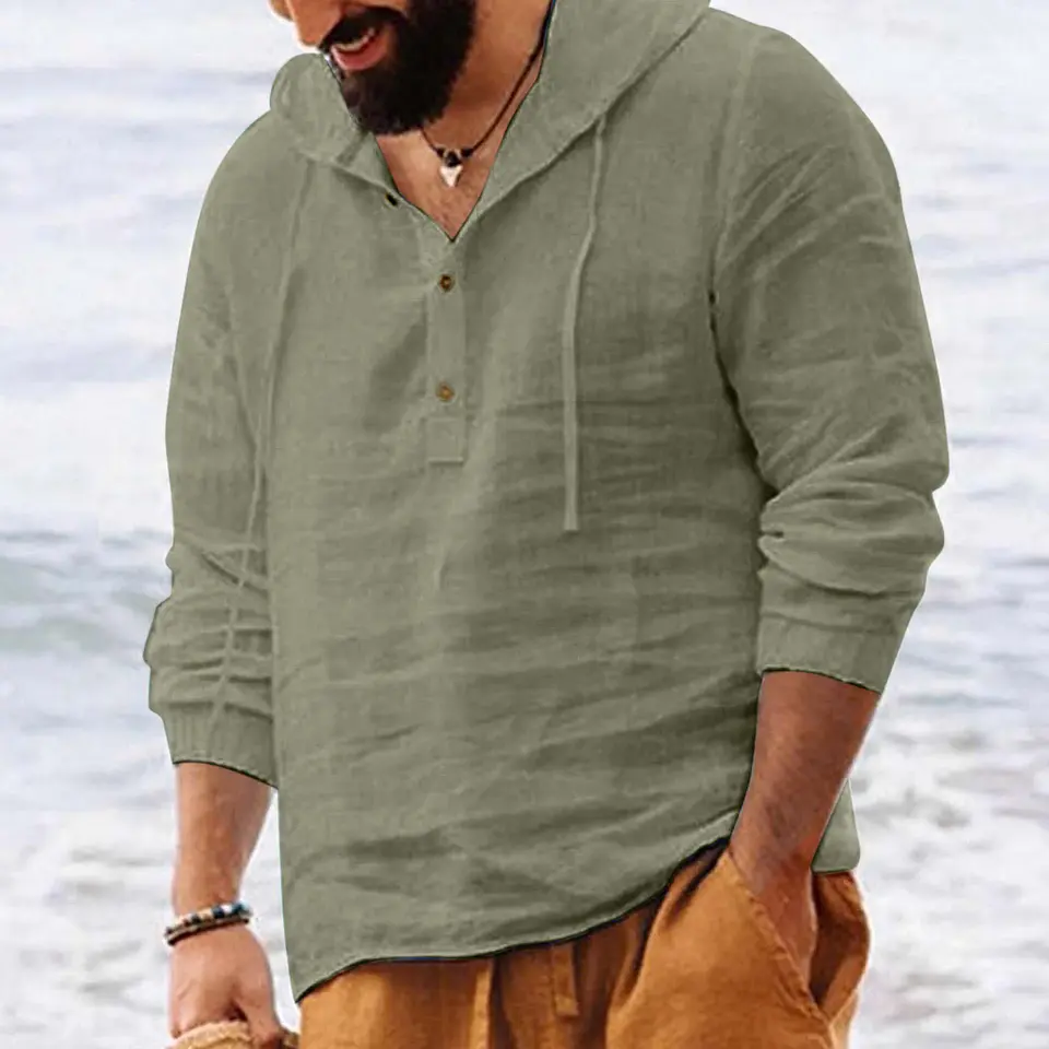 рубашка 2026 Men Shirts Hooded Solid Color Long Sleeve Tops Casual Buttons Cotton Linen Vintage Summer Beach Shirts 12