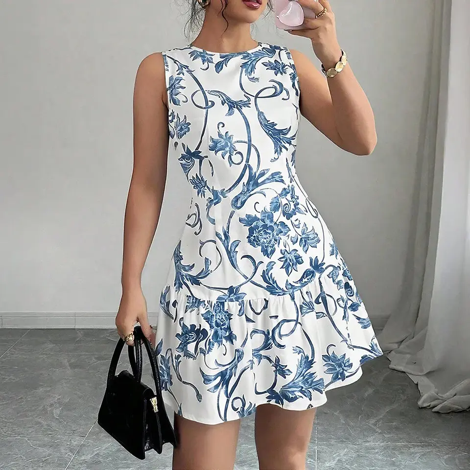 Ropas De Mujeres Print Dresses Vestidos Elegantes Women Vest Dress Sleeveless Summer Beach Bohemian Round Neck Retro Short Dress 12