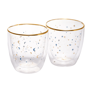 Set Vaso Doble Vidrio Estrellas Azules