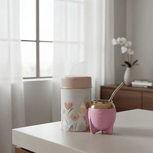 Pack Mate + Bombilla + Dispensador De Yerba Anymate Rosa Flores