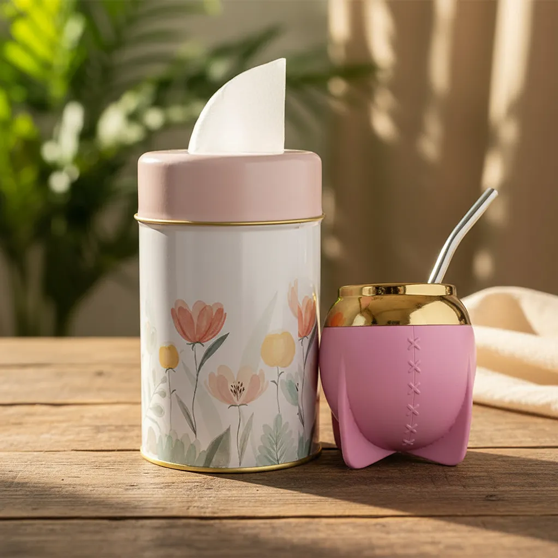 Pack Mate + Bombilla + Dispensador De Yerba Anymate Rosa Flores 1