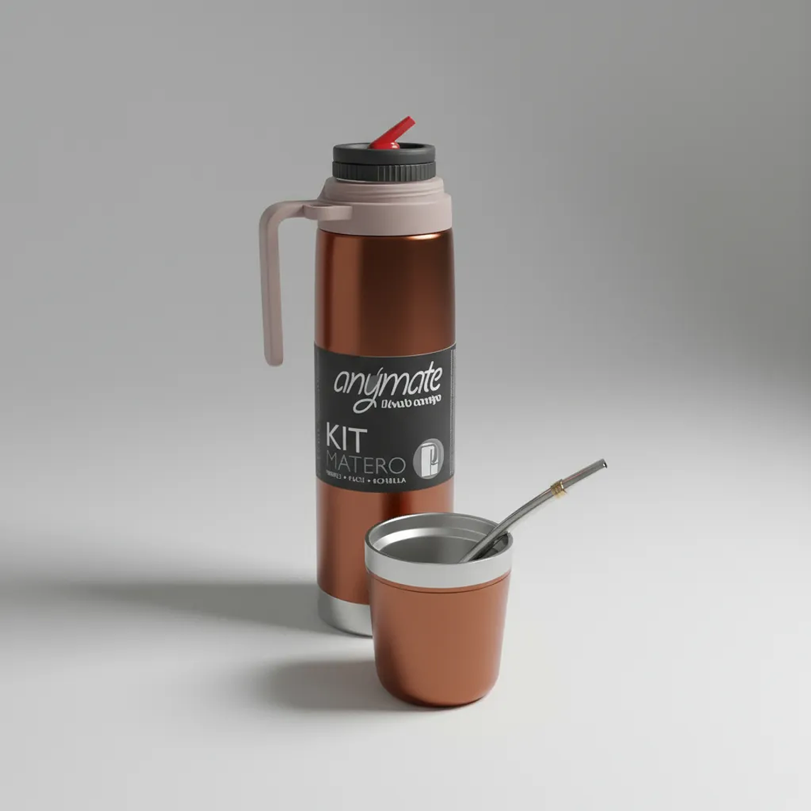 Kit De Mate 3 En 1 Termo 850ml + Mate + Bombilla Anymate Cobre 1