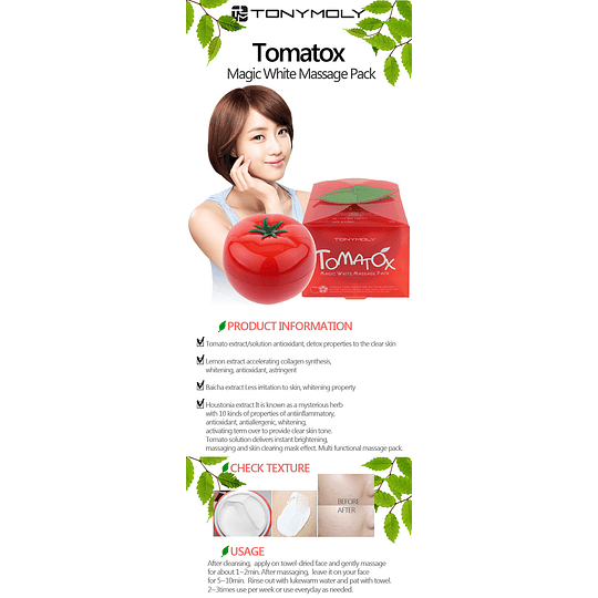 Tomatox Magic White Massage Pack (TonyMoly) -80 o 120ml Mascarilla Crema Aclarante