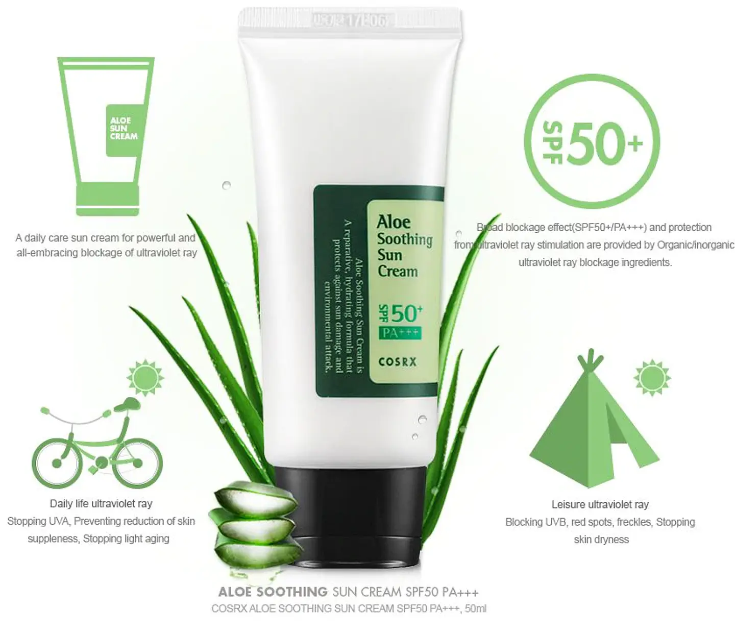 Aloe Soothing Sun Cream SPF50+/PA+++ (COSRX) - 50ml Protector solar aloe vera pieles sensibles 1