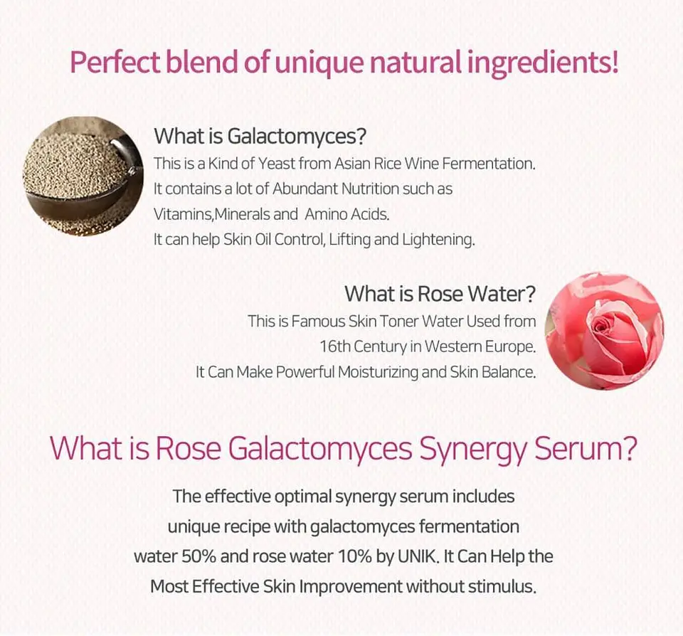 Rose Galactomyces Synergy Serum (IUNIK) - 50ml Serum 50% Galactomyces +10% Agua Rosas 5