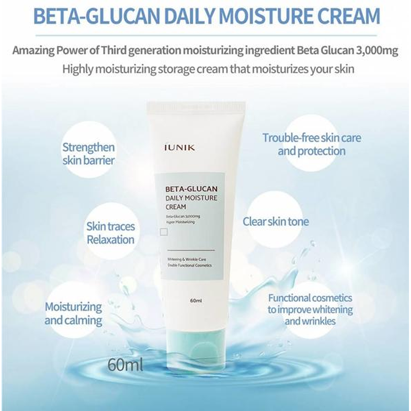 Beta Glucan Daily Moisture Cream (IUNIK) - 60ml Crema hidratante, anti envejecimiento y aclarante  1