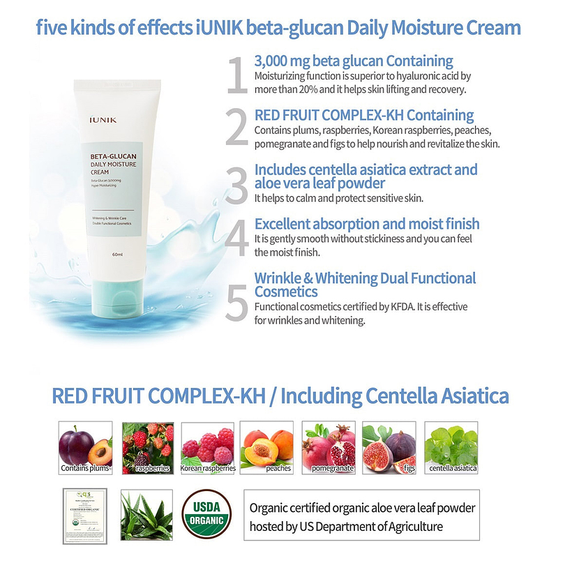 Beta Glucan Daily Moisture Cream (IUNIK) - 60ml Crema hidratante, anti envejecimiento y aclarante  2