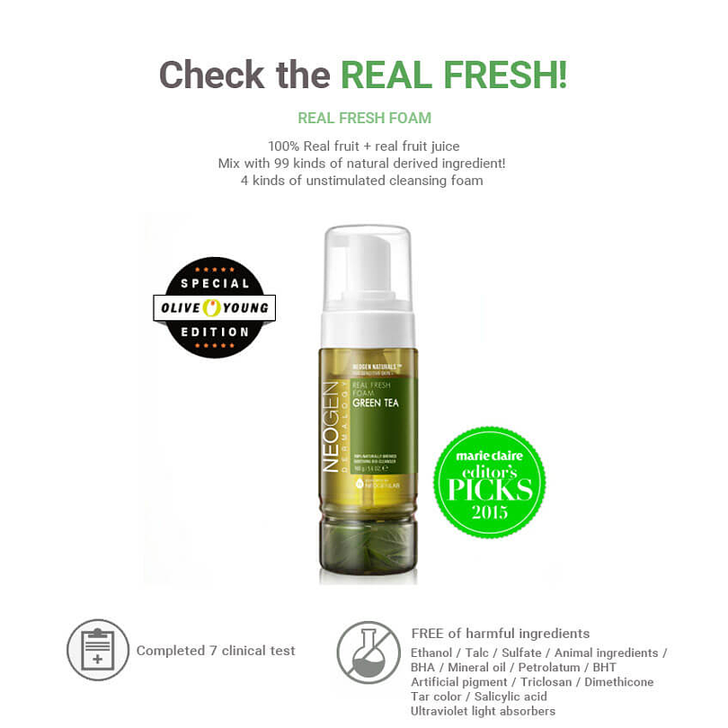 Real Fresh Foam Cleanser Green Tea (NEOGEN) - 160ml Espuma limpiadora pieles mixtas y grasas, sensibles 5