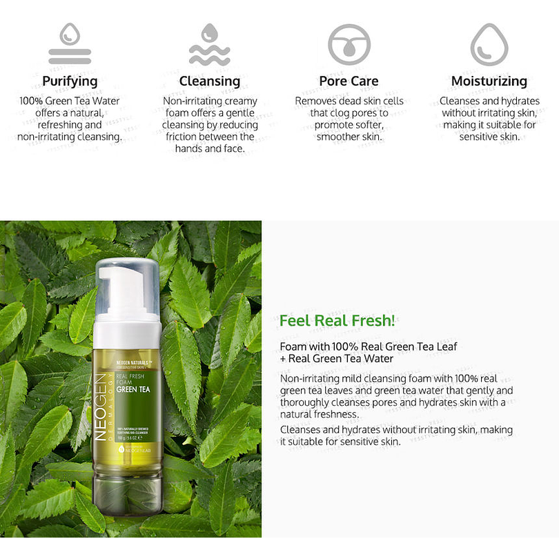 Real Fresh Foam Cleanser Green Tea (NEOGEN) - 160ml Espuma limpiadora pieles mixtas y grasas, sensibles 6