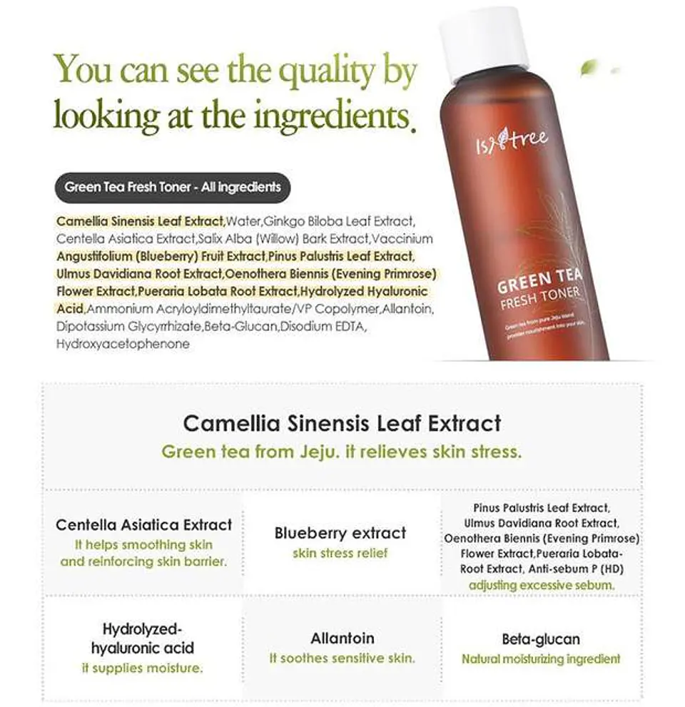 Green Tea Fresh Toner (Isntree) -200ml Tónico 80% té verde pieles mixtas y grasas  7