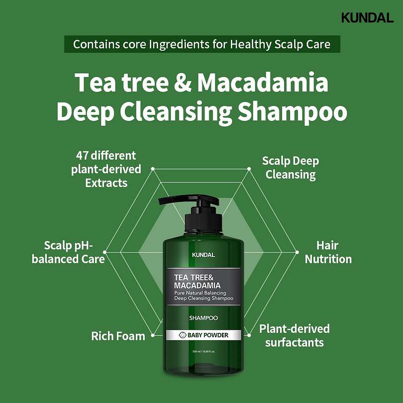 Tea Tree & Macadamia Deep Cleansing Shampoo (Kundal) 500ml Shampoo limpieza profunda pelo graso 4