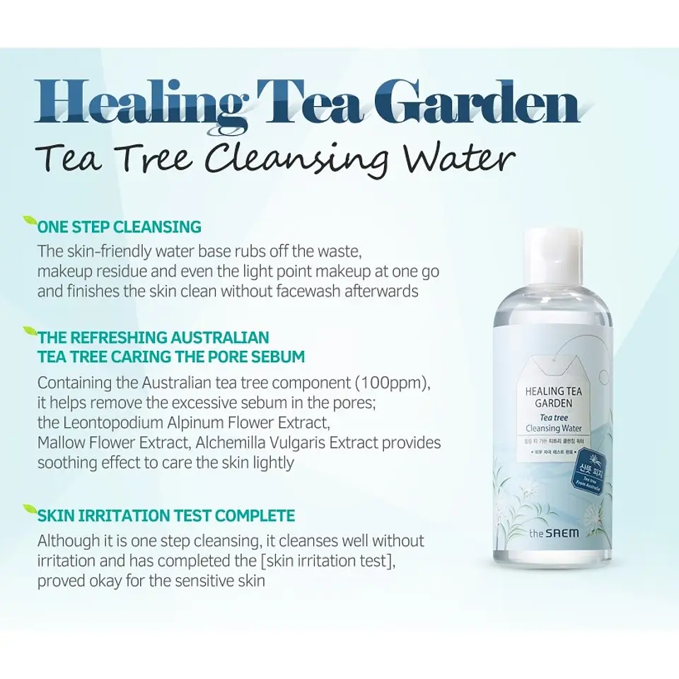 Healing Tea Garden Tea Tree Cleansing Water (The Saem) - 300ml Agua de limpieza pieles mixtas, grasas, acné 2