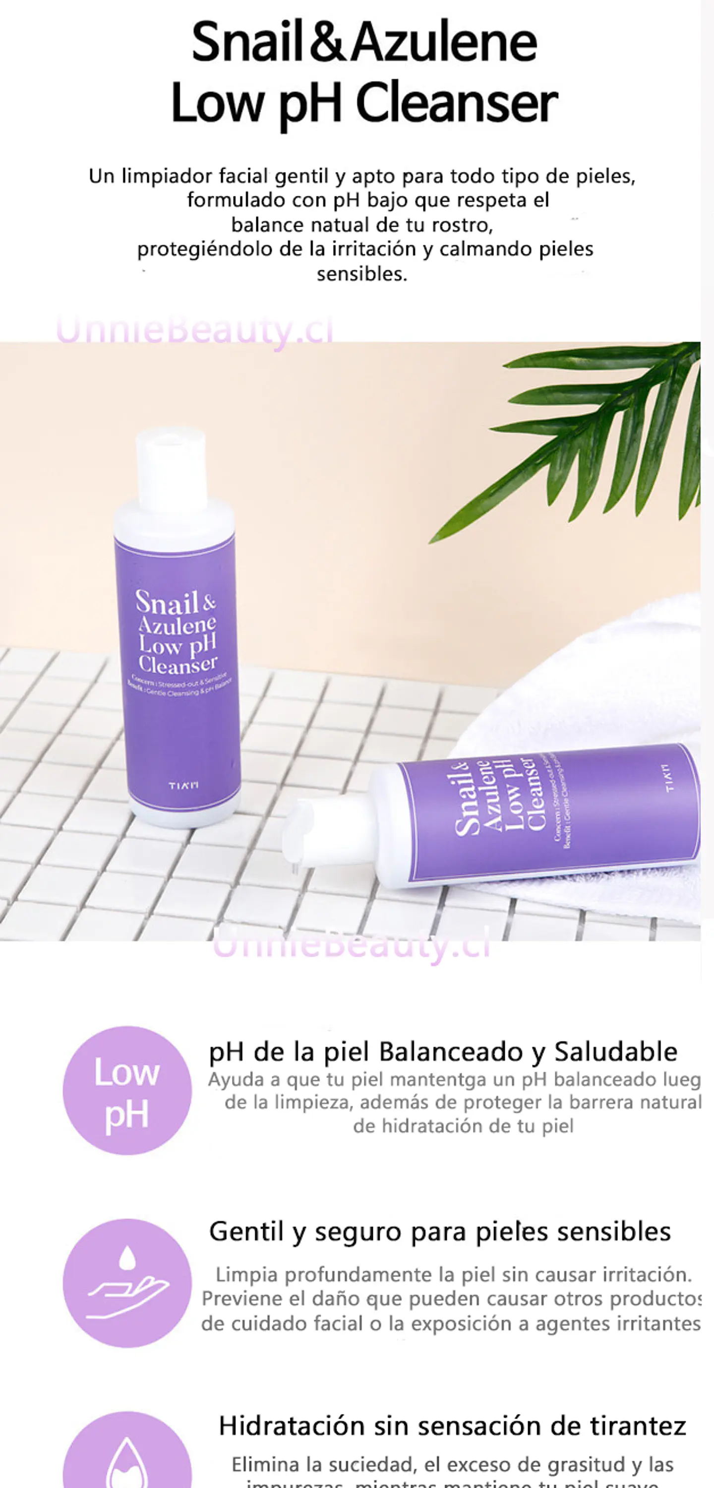 Snail & Azulene Low pH Cleanser (TIAM) -200ml  Limpiador rosácea pieles sensibles con baba de caracol y azuleno 3