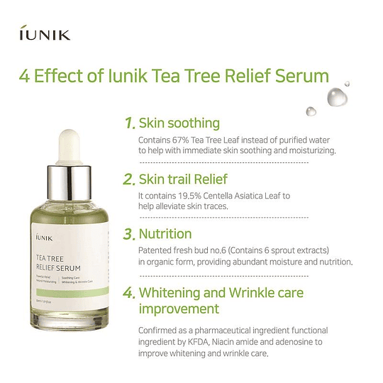 Tea Tree Relief Serum (IUNIK) - Serum  67% té verde y 19,5% centella asiática, pieles mixtas, grasas, problemáticas