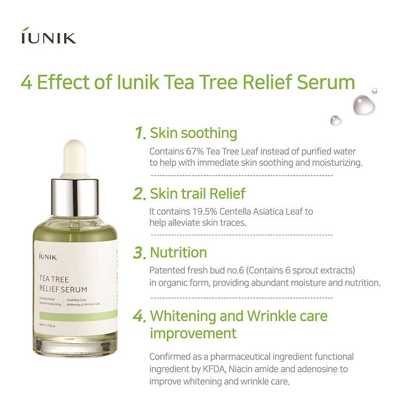 Tea Tree Relief Serum (IUNIK) -50ml Serum 67% árbol de té y 19,5% centella asiática, pieles mixtas, grasas, problemáticas 3