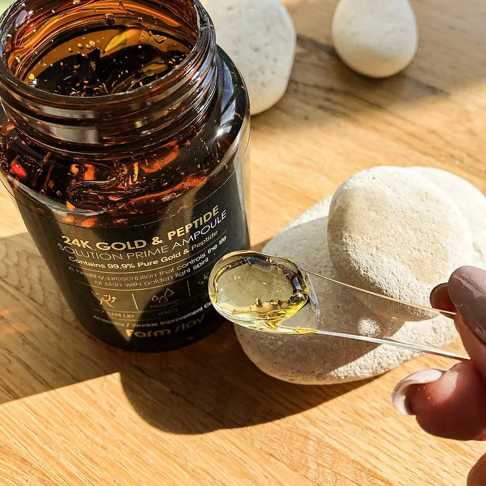 24k Gold & Peptide Solution Prime Ampoule (Farm Stay) - 250ml Serum antiedad con oro y péptidos tamaño grande 9