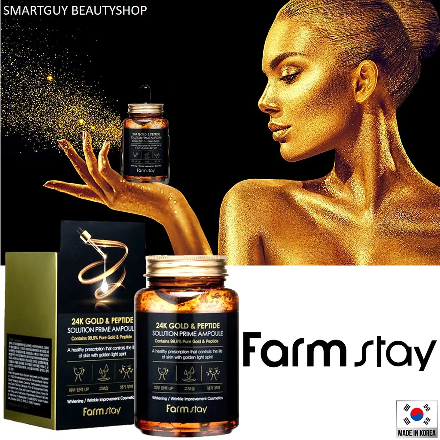 24k Gold & Peptide Solution Prime Ampoule (Farm Stay) - 250ml Serum antiedad con oro y péptidos tamaño grande 6