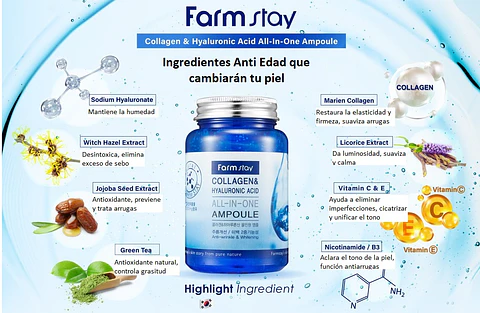 Collagen & Hyaluronic Acid Ampoule (Farm Stay) -250ml Serum colágeno antiarrugas tamaño grande
