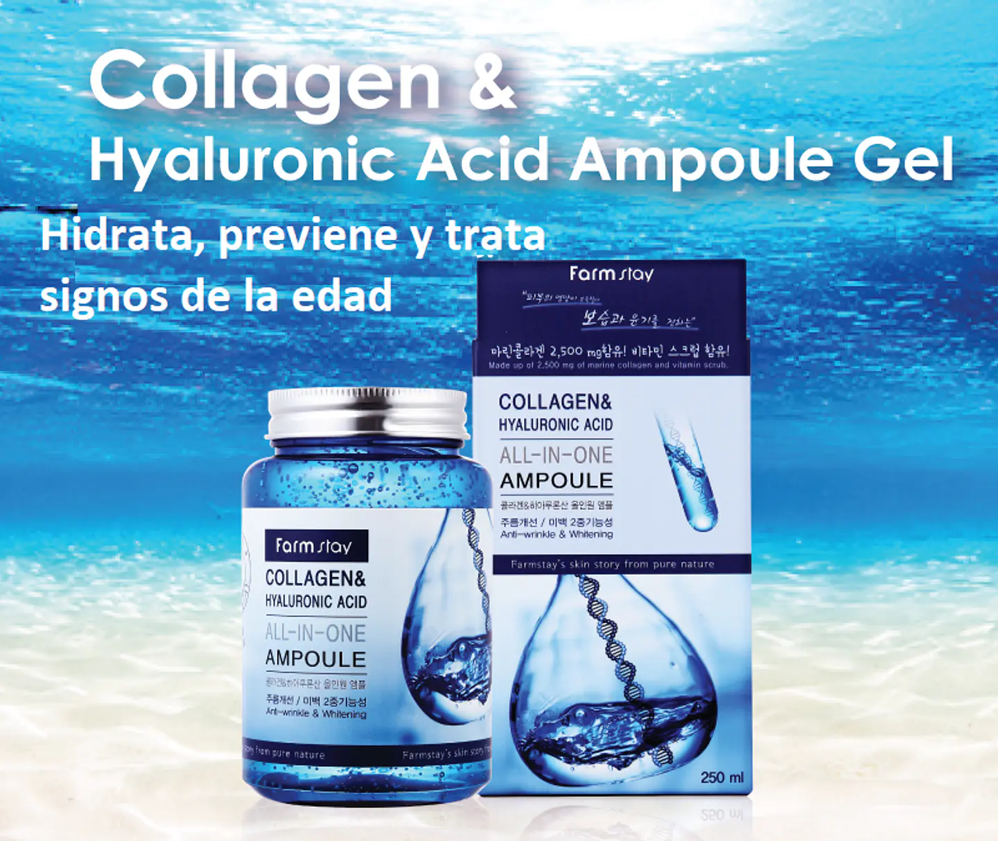 Collagen & Hyaluronic Acid Ampoule (Farm Stay) -250ml Serum colágeno antiarrugas tamaño grande 6