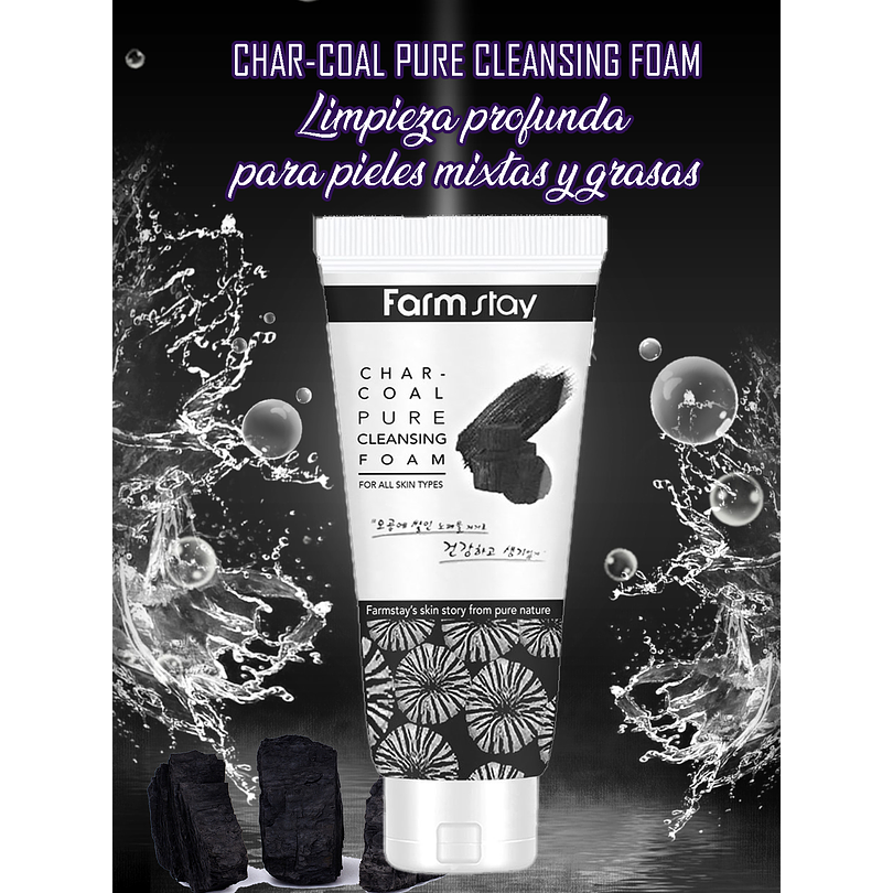 Char-coal Pure Cleansing Foam (Farm Stay) -180ml Espuma limpiadora de carbón pieles mixtas y grasas 1